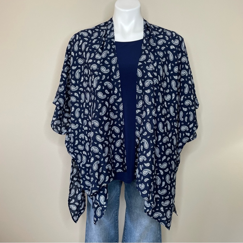 Lands' End Navy Blue and White Paisley Lightweight Cascading Cardigan